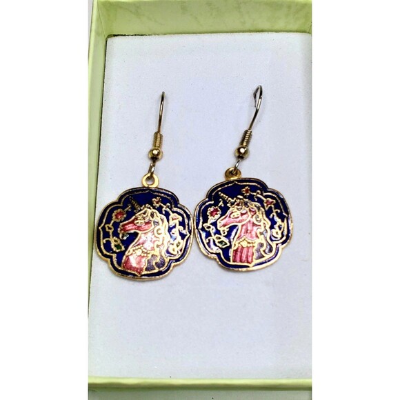 Vtg Cloisonne Enamel Unicorn Dangle Earrings Gold Tone Red Blue Boho Fantasy - Picture 6 of 10